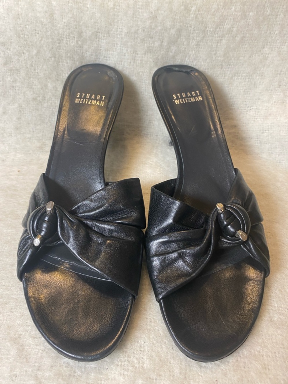 Stuart Weitzman Black Leather Knot-Front Slide Sandals